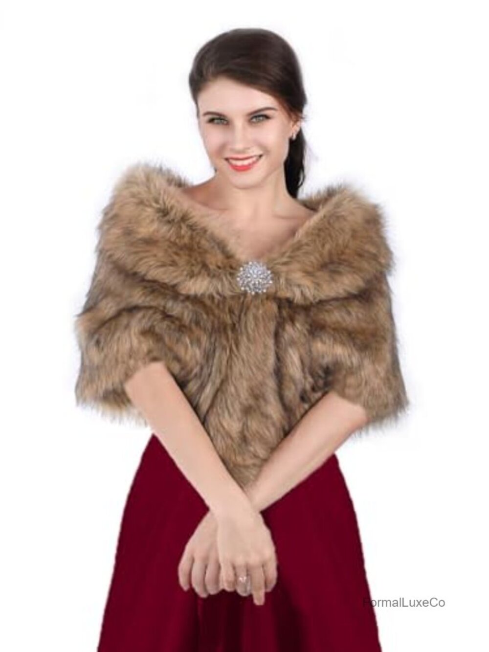 Faux Fox Fur Wedding Wrap Shawl Stole Rhinestone Brooch Winter Cover Up